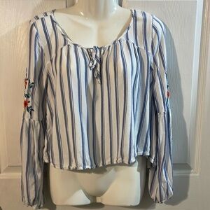 Hollister Blue and White Striped Blouse with Floral Embroidery